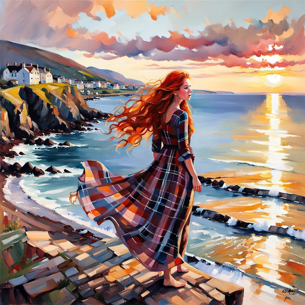 Scottish Woman on Cliff: Melting Acrylic Gouache Painting