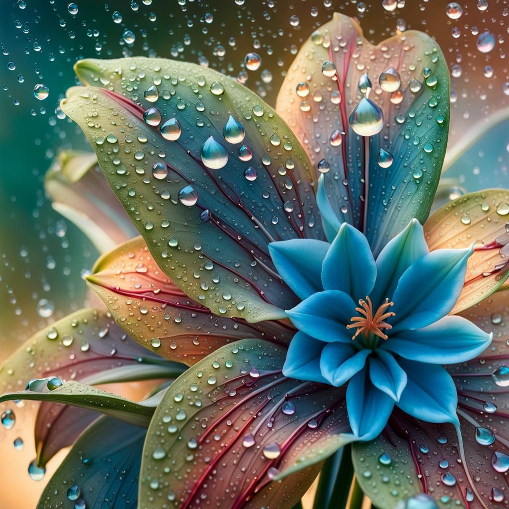 Dew Drops on Lily: Macro Shot in Art Brut Style