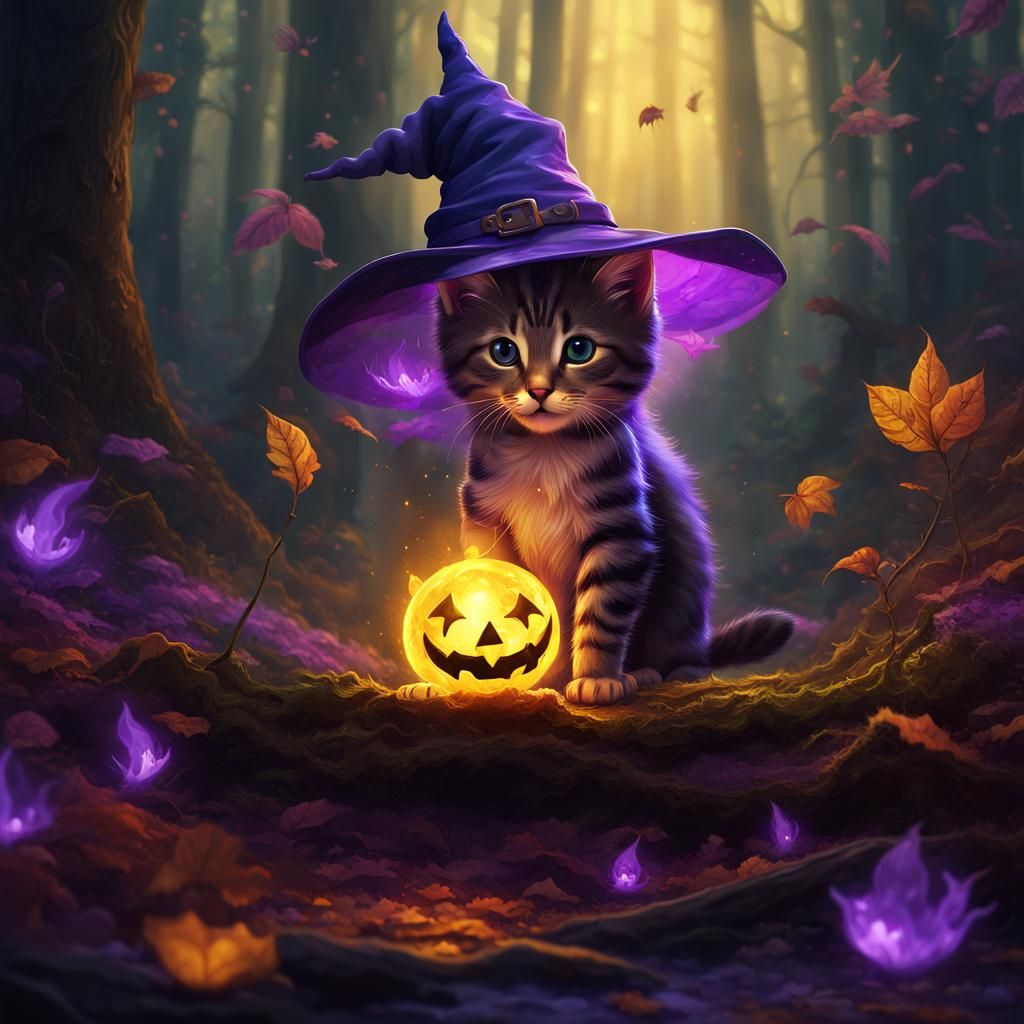 Kitten in Witch Hat in Magic Forest