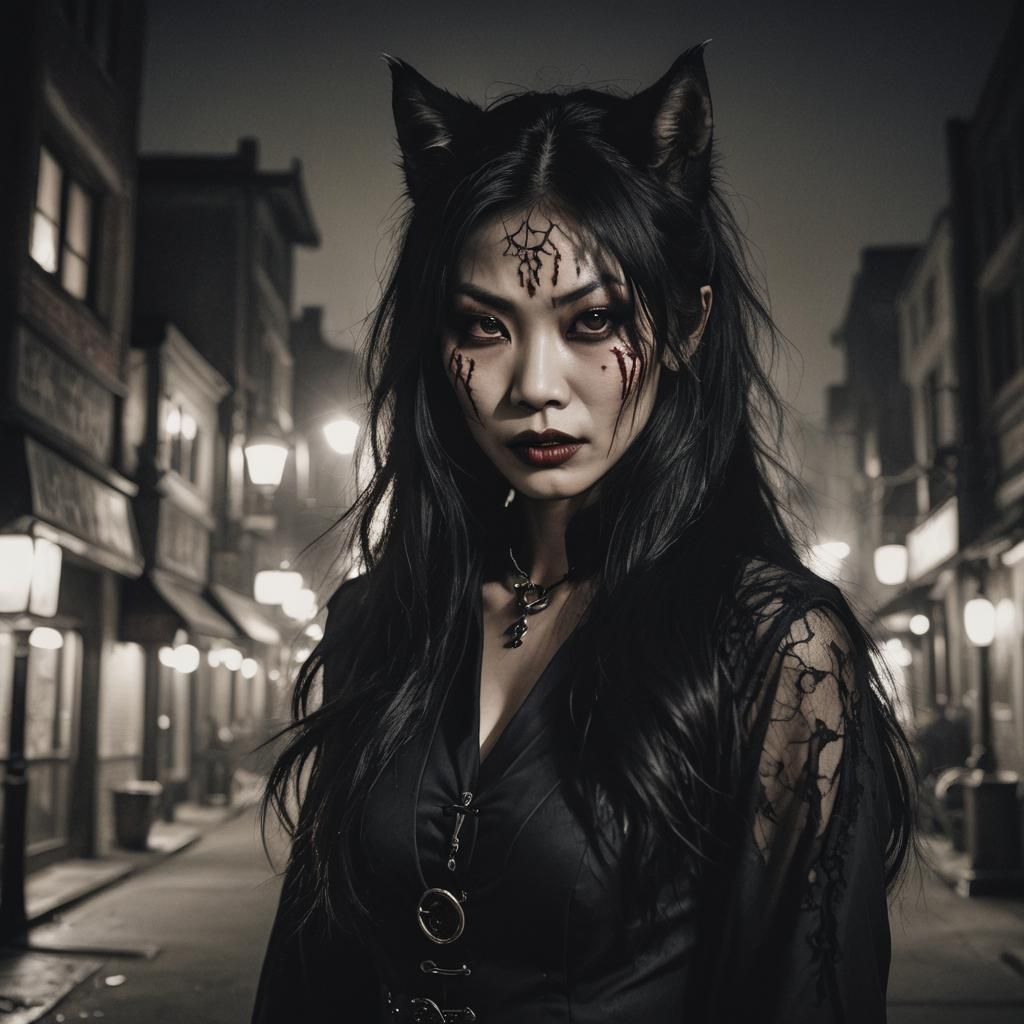 A captivating and haunting close-up photograph of an Asian g...