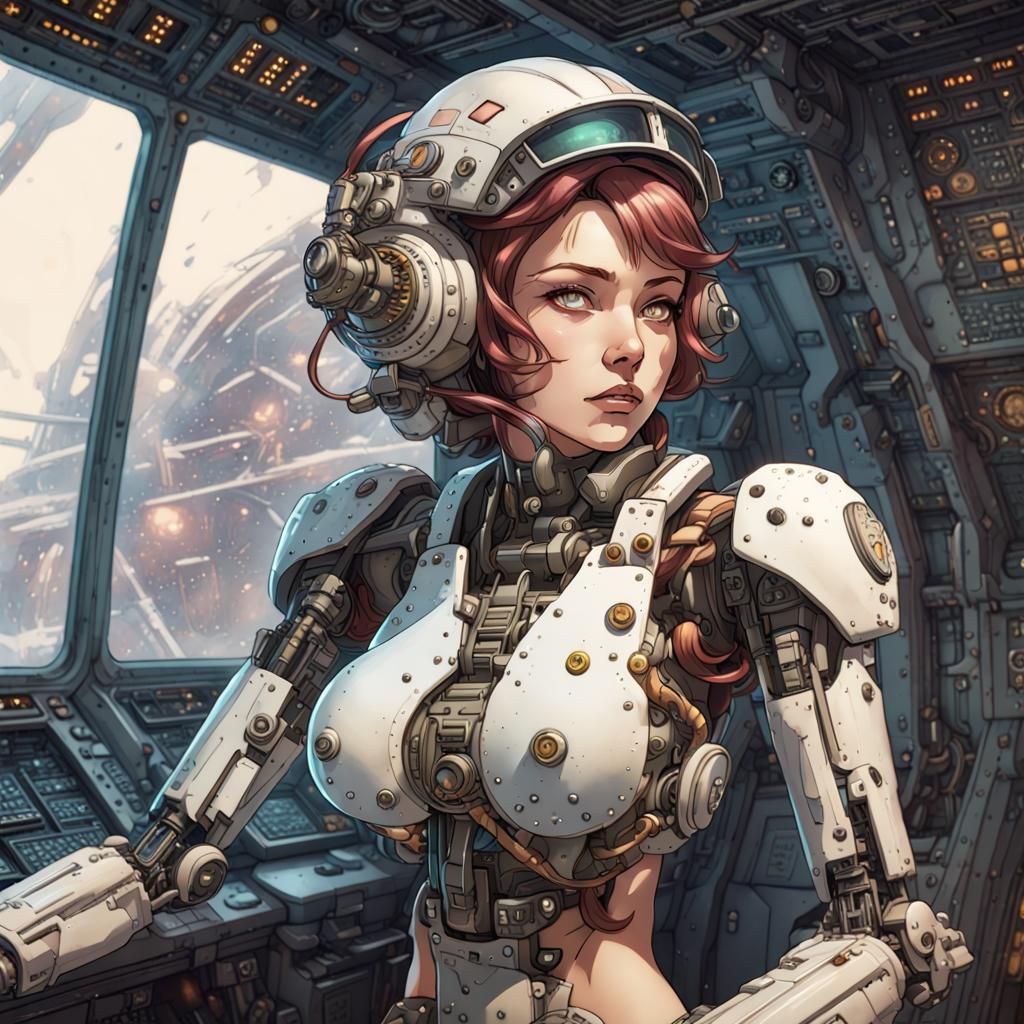 Anime Pilot Climbing into Iron Mech as Watercolor