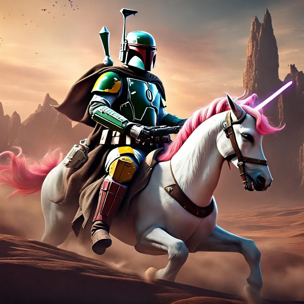 Boba Fett Riding a Unicorn in Detailed Matte Painting