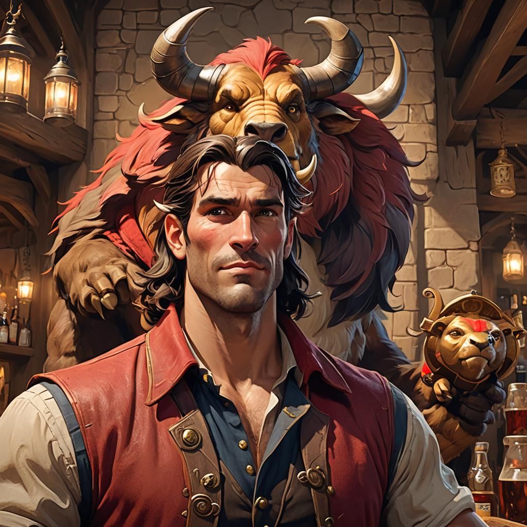 Gaston in Tavern: Hyperdetailed Portrait with Beast Trophy