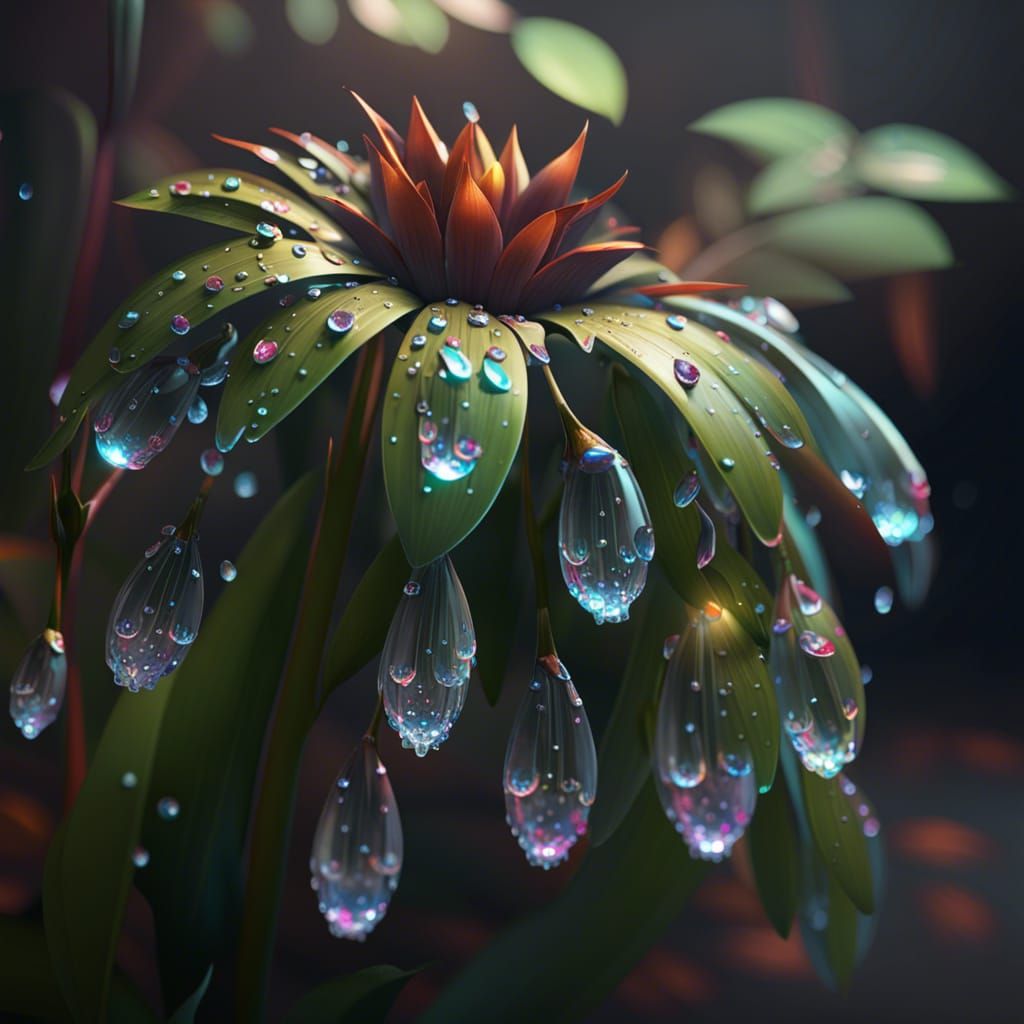 Crystal Dew Drops on Large Flowers in 3D