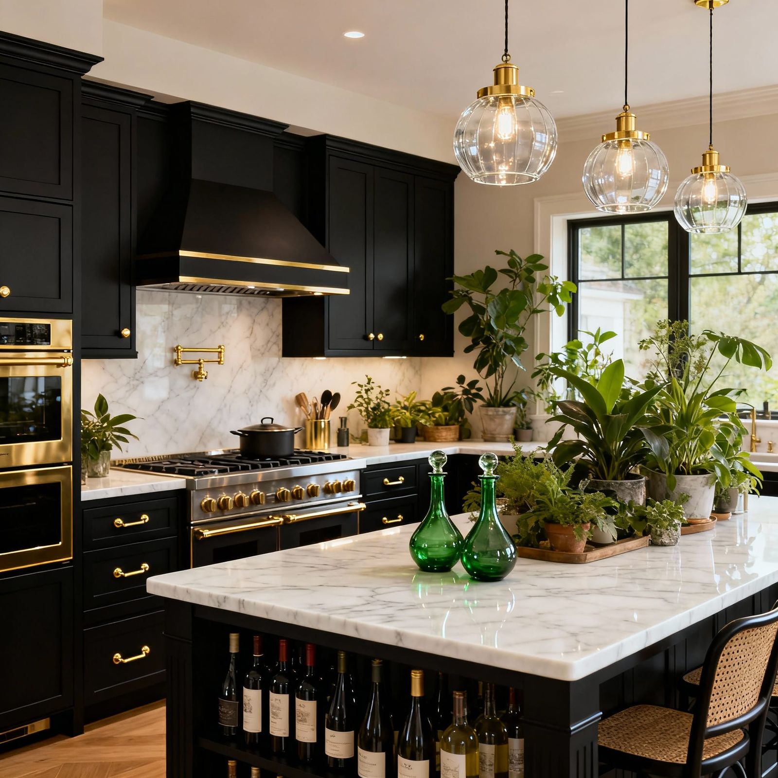 Cozy Kitchen Design Black Matt Appliances Gold Trim Quartz C...