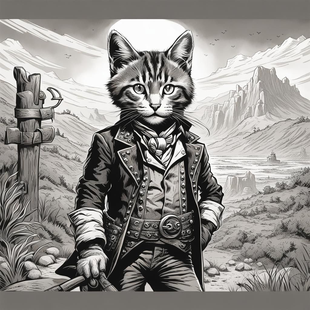 Tabby Kitten Outlaw: Tenniel-Style Black and White Drawing