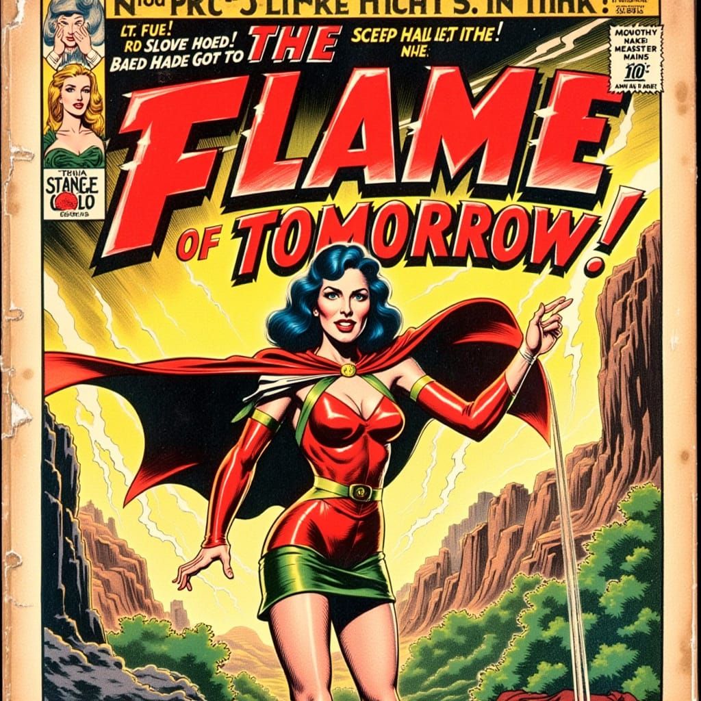 Vintage Comic Cover: Female Hero Amidst Lightning