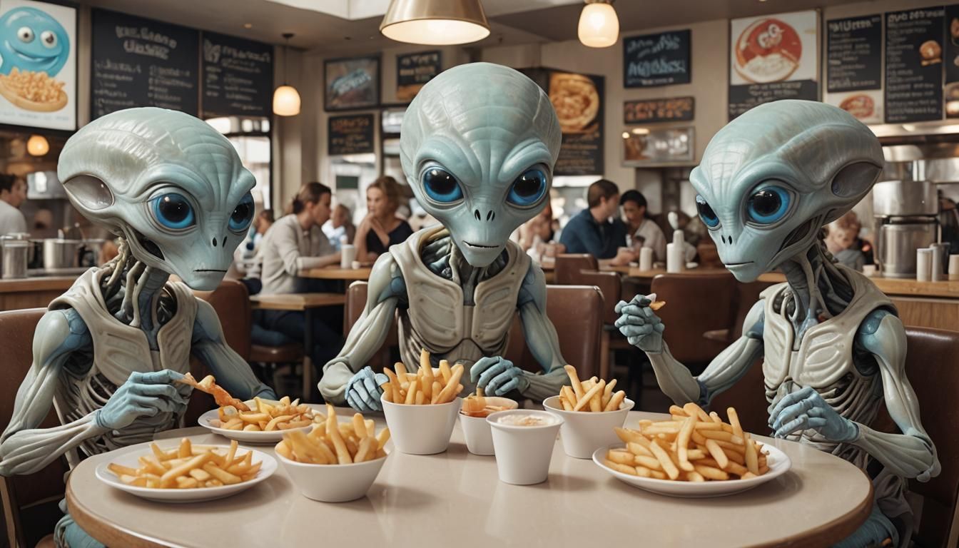 Beige Aliens Enjoying Fries at a Cafe