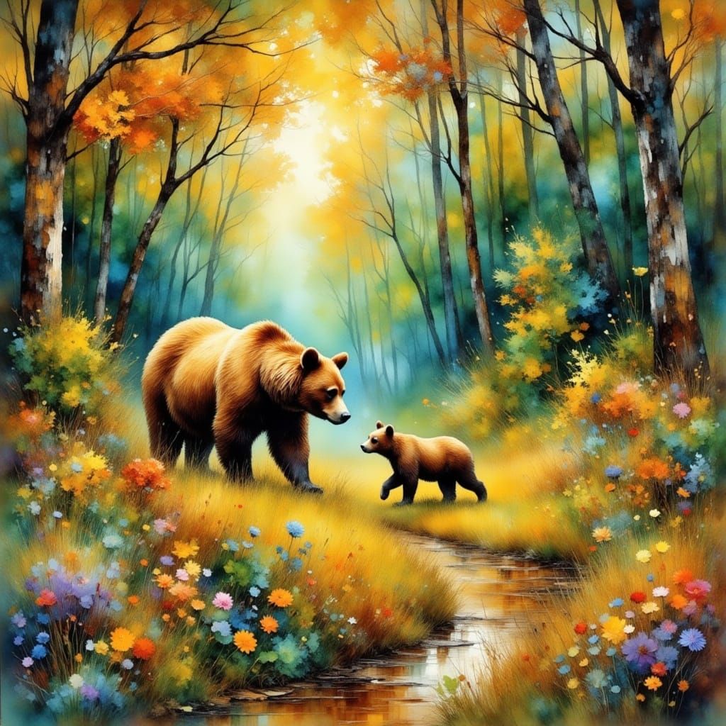 Mother Bear and Cub in Whimsical Forest
