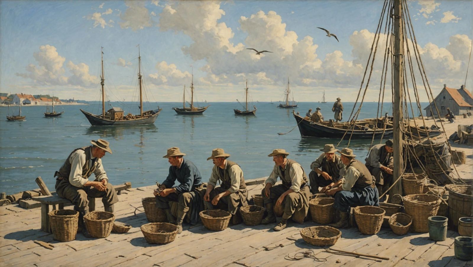 Copenhagen Fishermen Mending Nets: 18th Century Painting