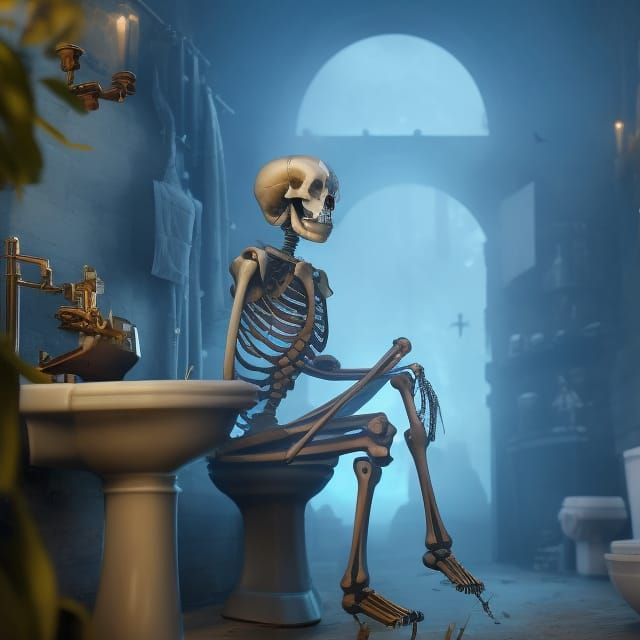 Skeleton on Toilet in Post-Apocalyptic Bathroom