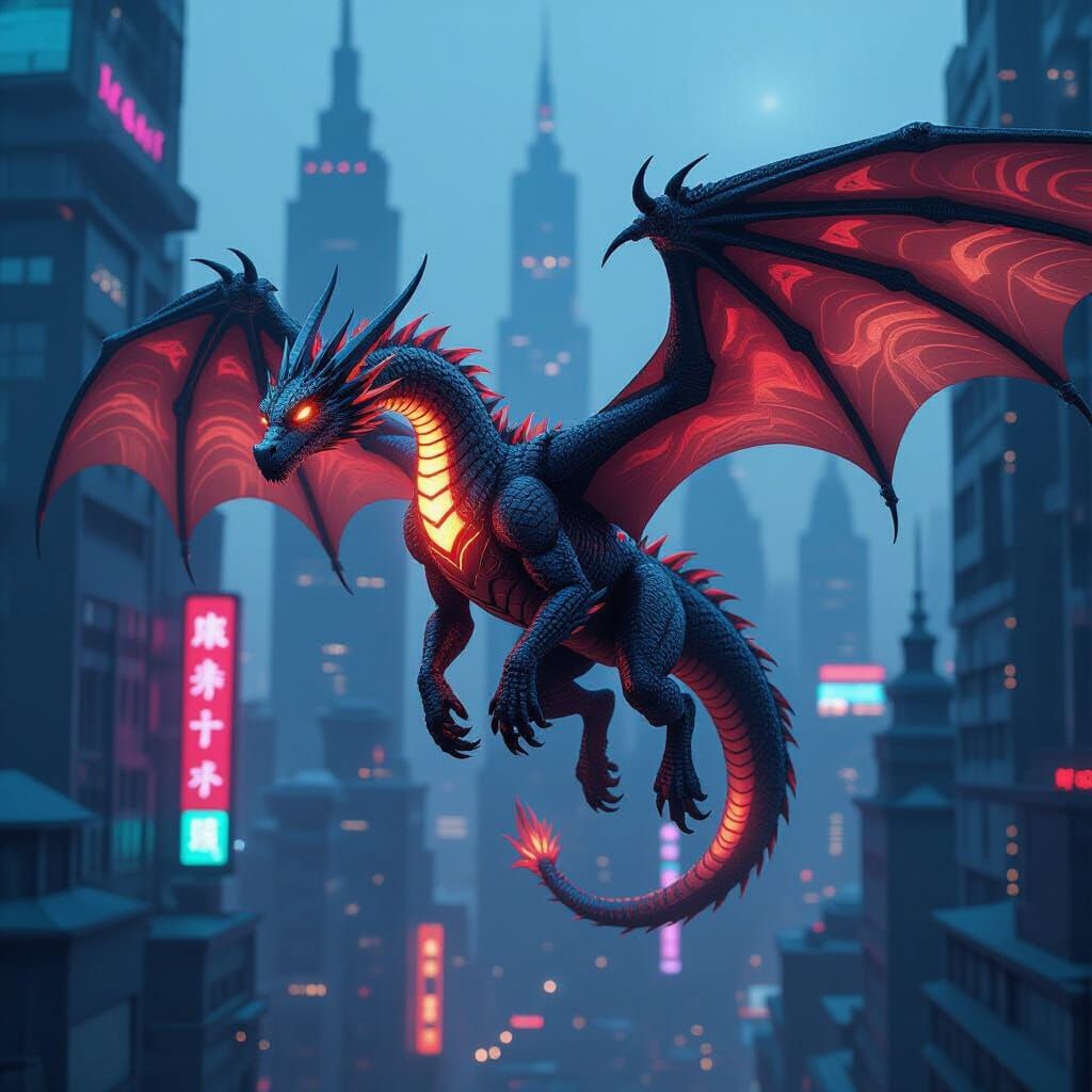 Biomechanical Dragon in Cyberpunk Cityscape