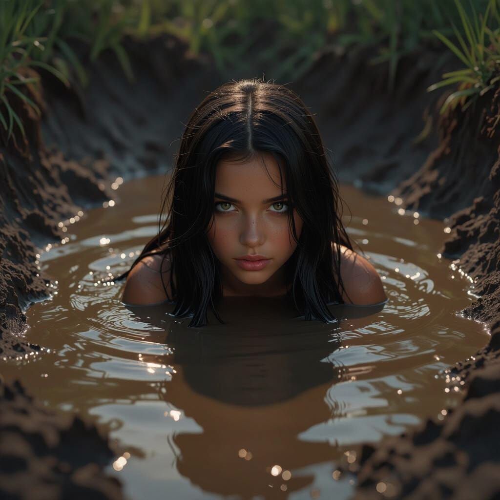 Dark Haired Girl Sinks in Mud Quarry Matte Painting