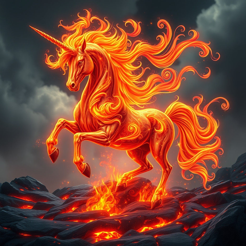 Fiery Unicorn Rearing in Flames: A Fantasy Creature