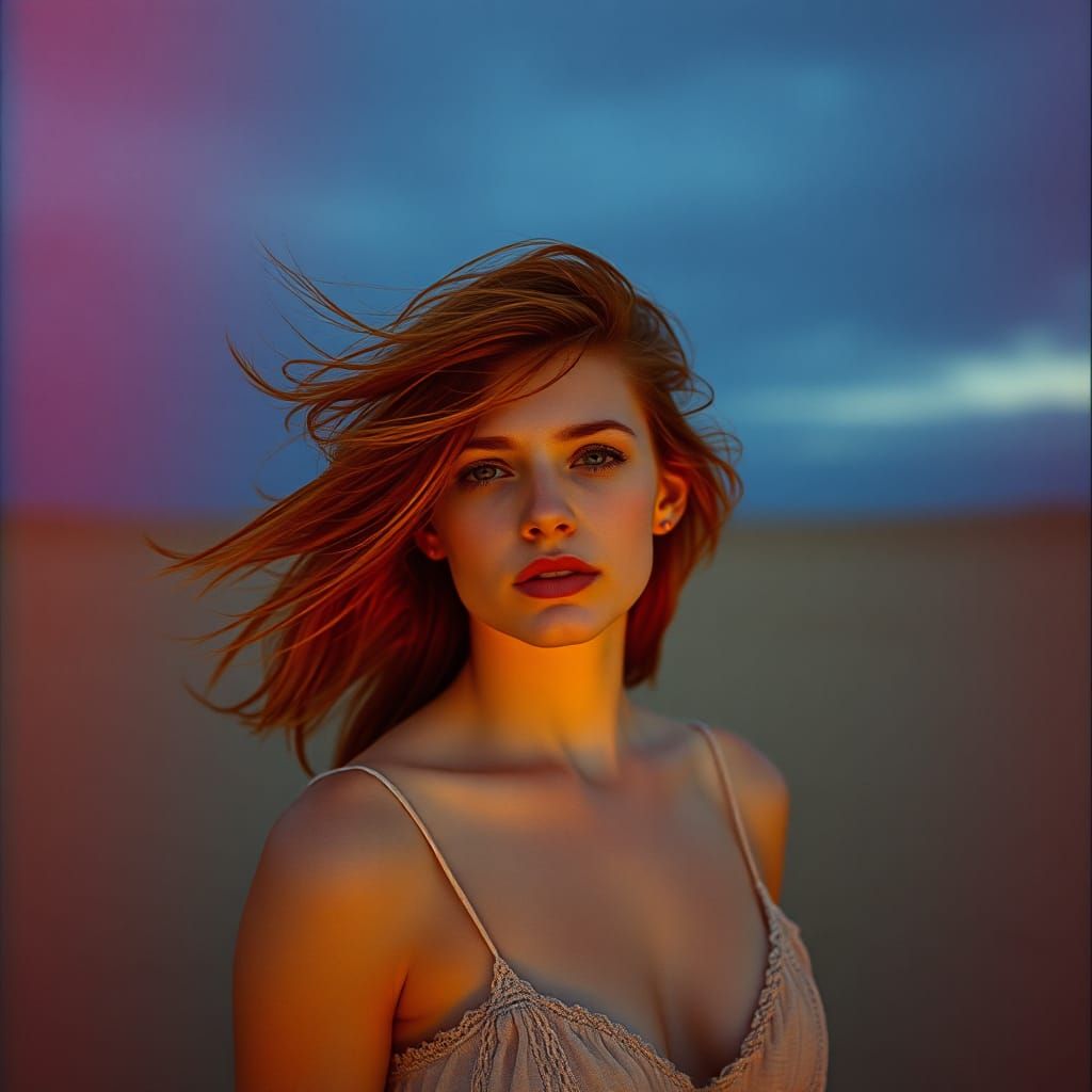 Redhead on Windswept Beach at Dusk, Cinematic Style