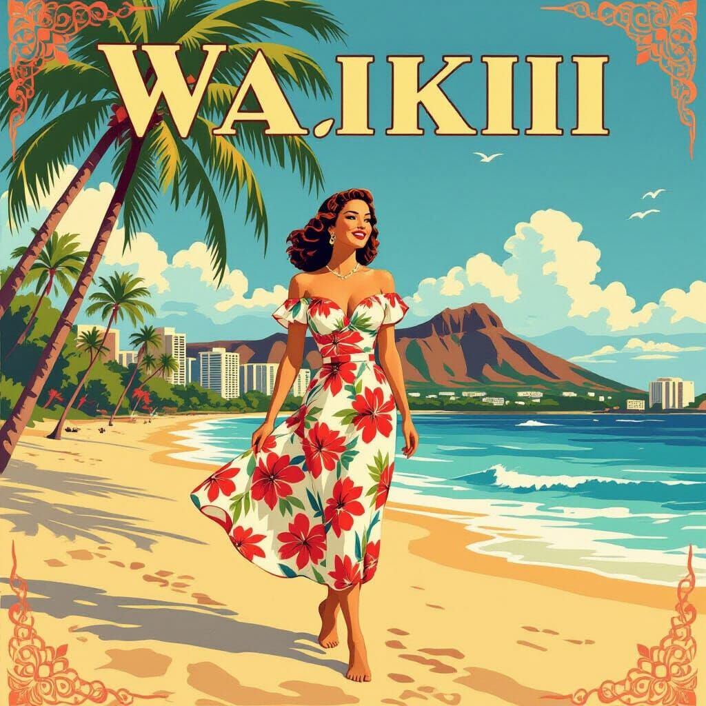 Vintage Travel Poster of Waikiki Beach, Oahu