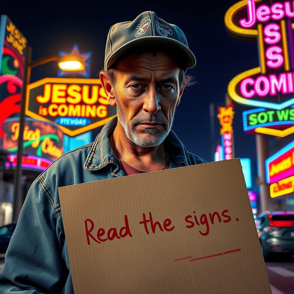 Homeless Man in Neon-Drenched Los Vegas, A Message of Hope A...