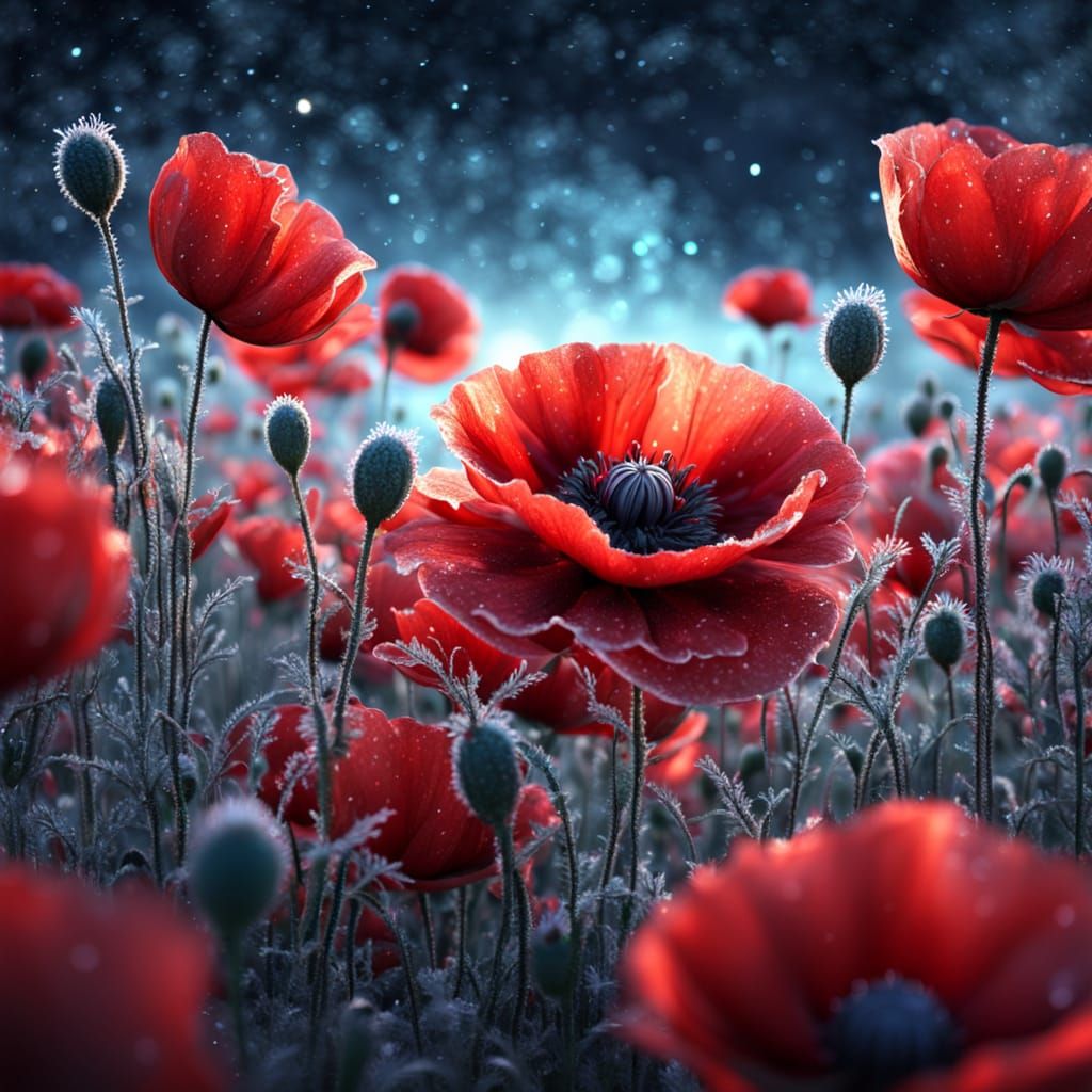 Cosmic Frost Poppy With Bioluminescent Sparks