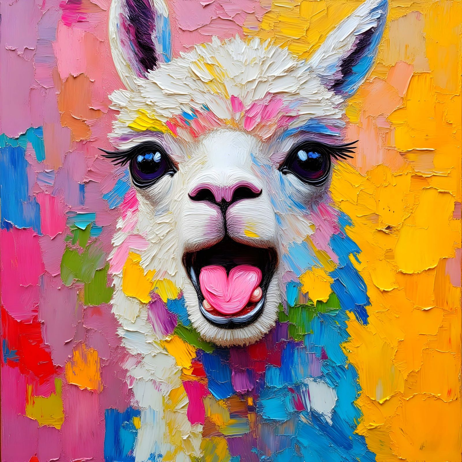 Colorful Alpaca Portrait as Impasto Painting