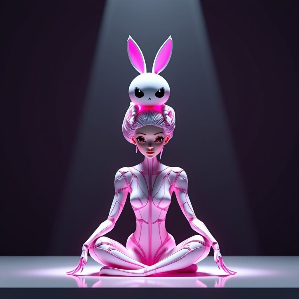 Origami Woman Doll with Futuristic Rabbit in Digital Art