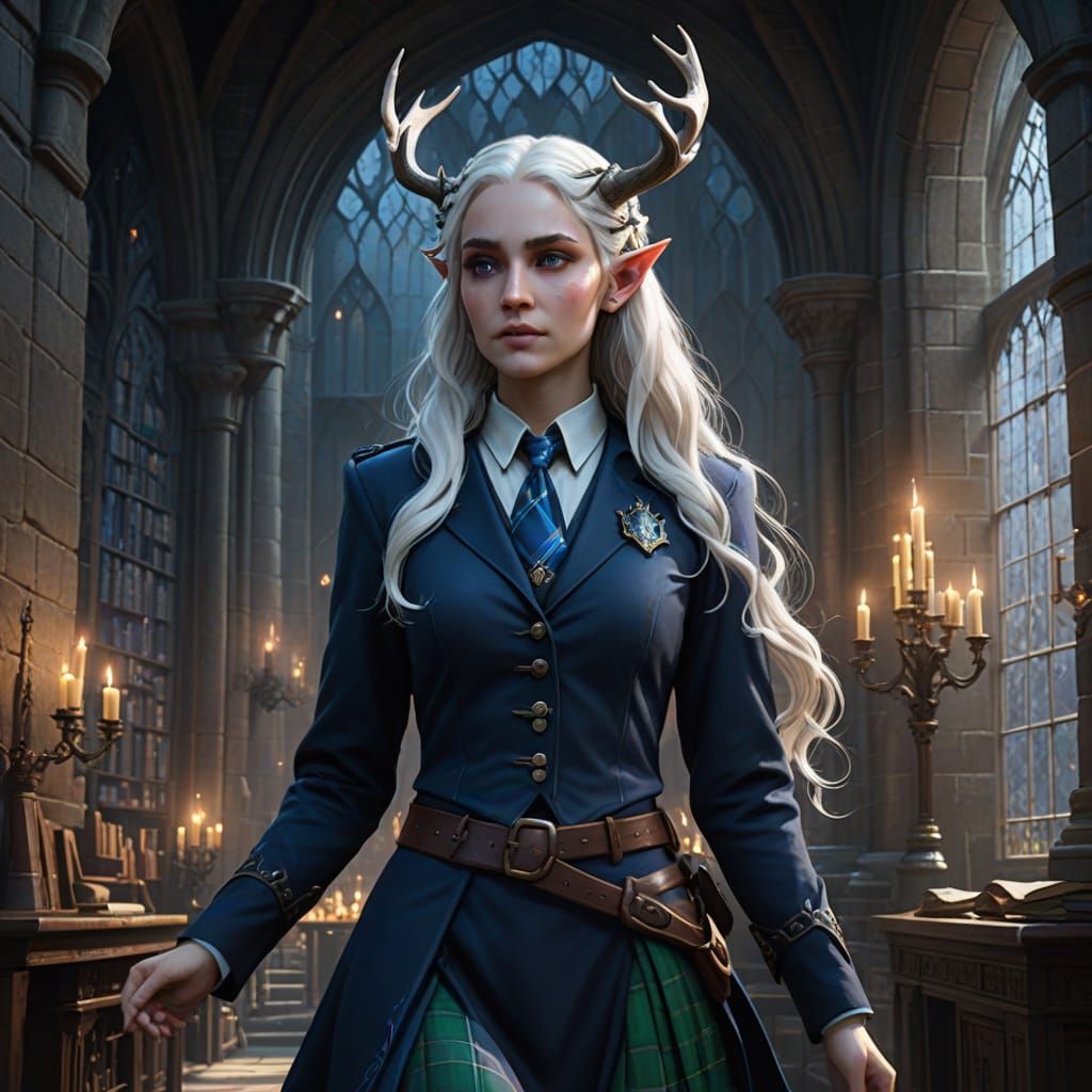 Ethereal Elf Maiden in Ravenclaw Attire Within Hogwarts