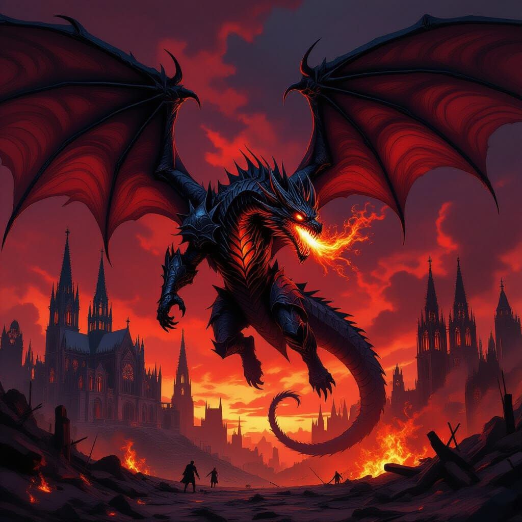 Demonic Dragon Soars Above Burning Gothic Battlefield