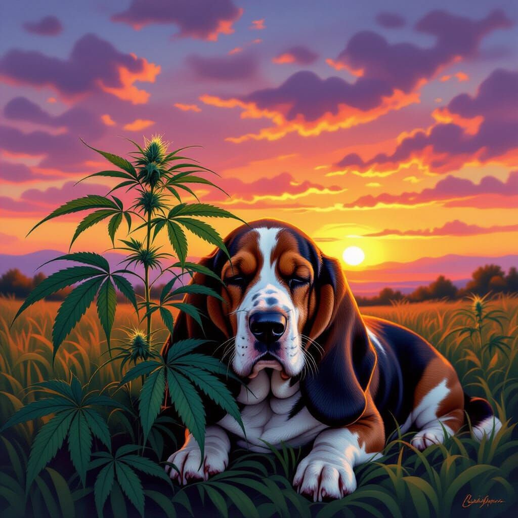 Sleepy Basset Hound on Cannabis Plant at Surreal Sunset