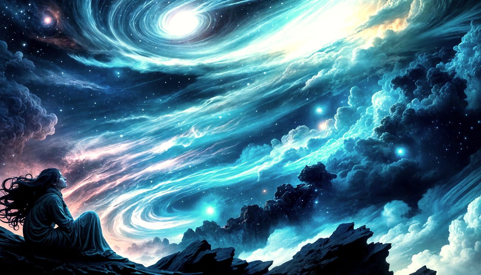 Ethereal Figure Sleeps Under Cosmic Twilight Sky