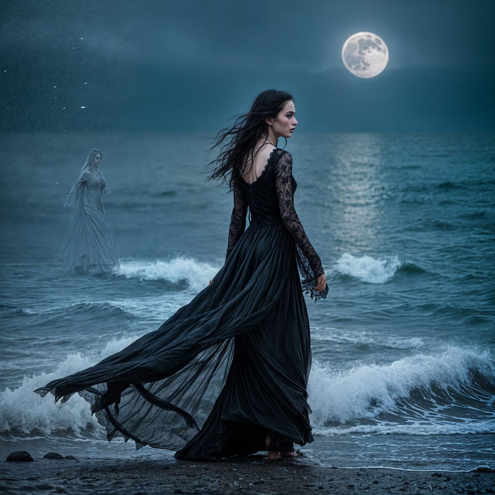 Gothic Goddess Morrigan on a Rainy Night