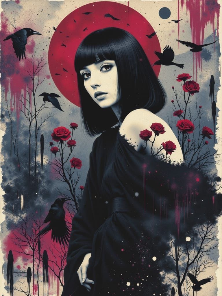 Gothic Grunge Woman in Watercolor and Ink