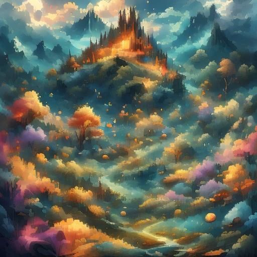 Fantasy Castle with Flower Meadow and Waterfalls