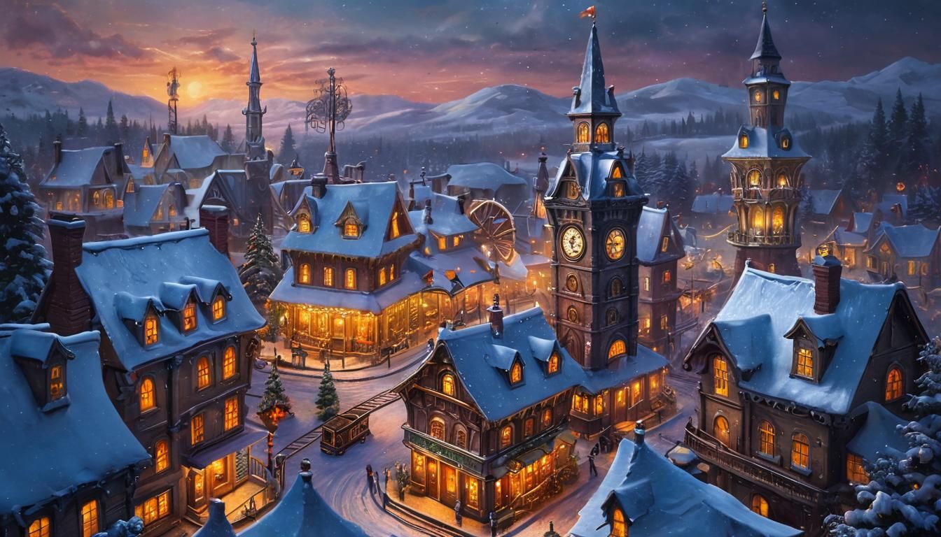 Steampunk Christmas Village Under Fairy Snow