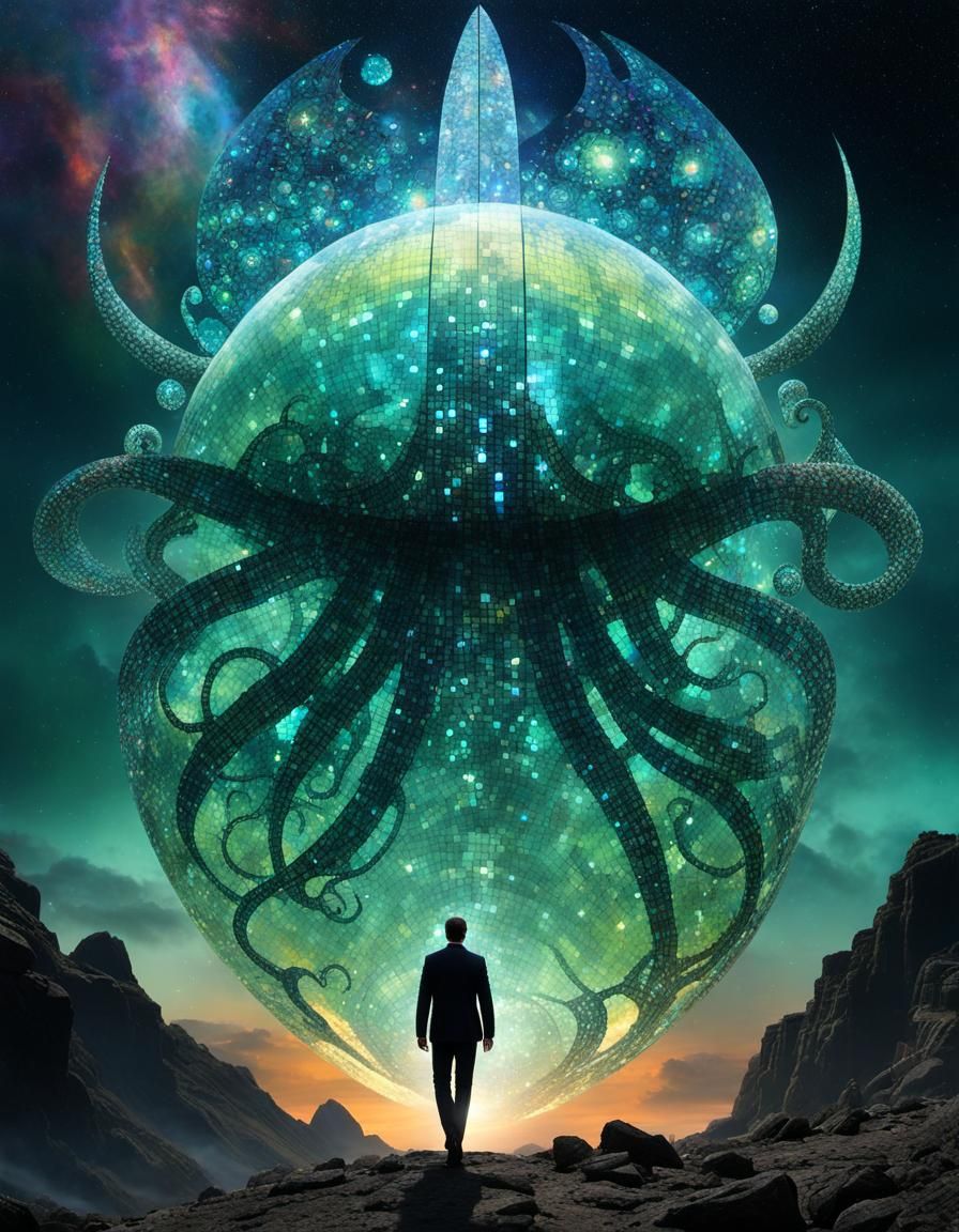 Crystal Man in Futuristic Cityscape Glitch Art