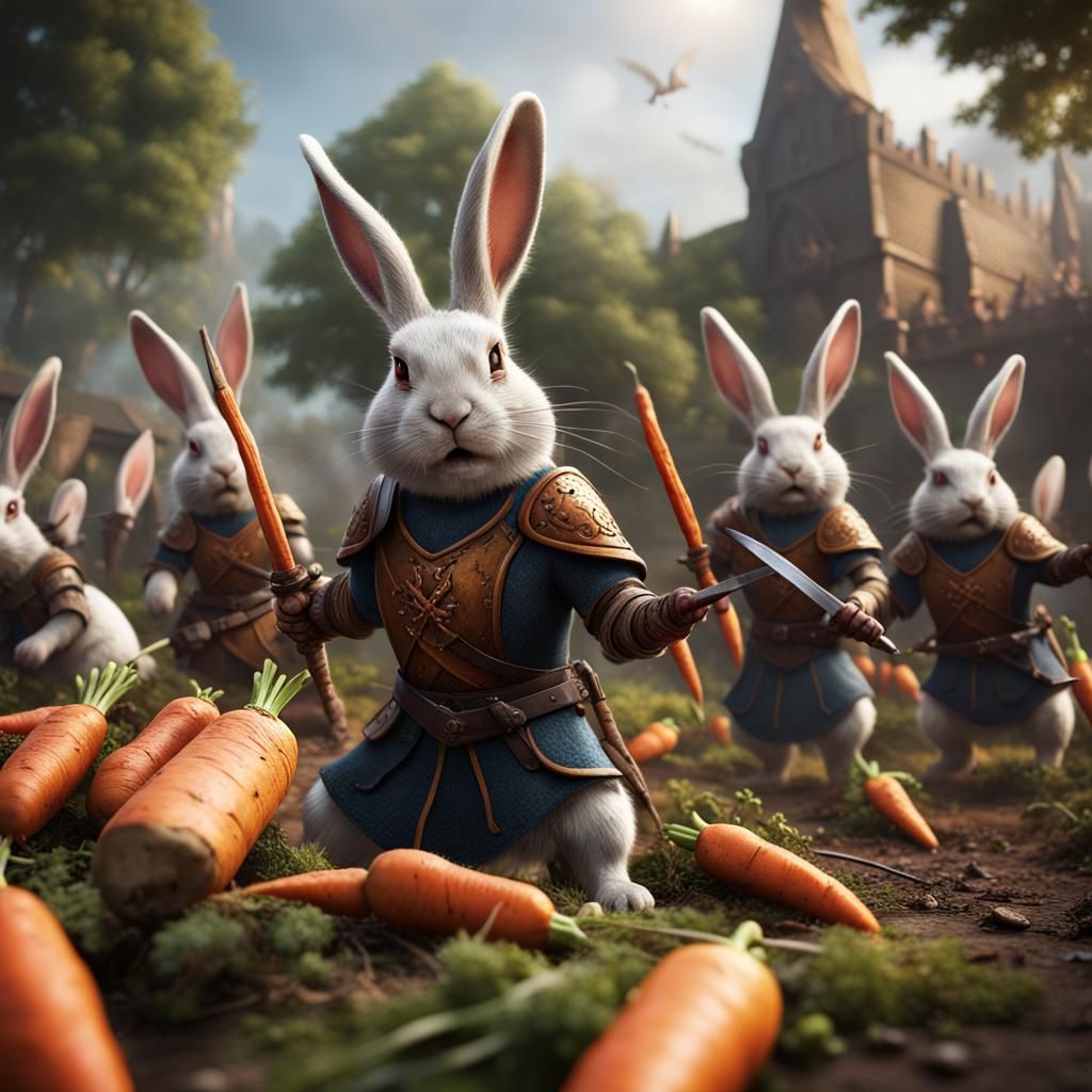 Rabbits in Medieval Carrot Battle: Fantasy Art