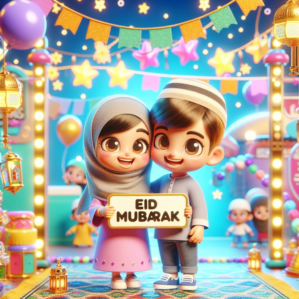 Disney Pixar style 3D adorable Muslim girl and Muslim boy, holding a sign the says Eid Mubarak, Eid party background