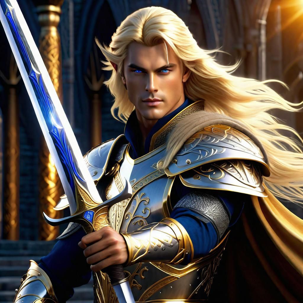 Sun Elf Knight in Gold Armor Digital Painting