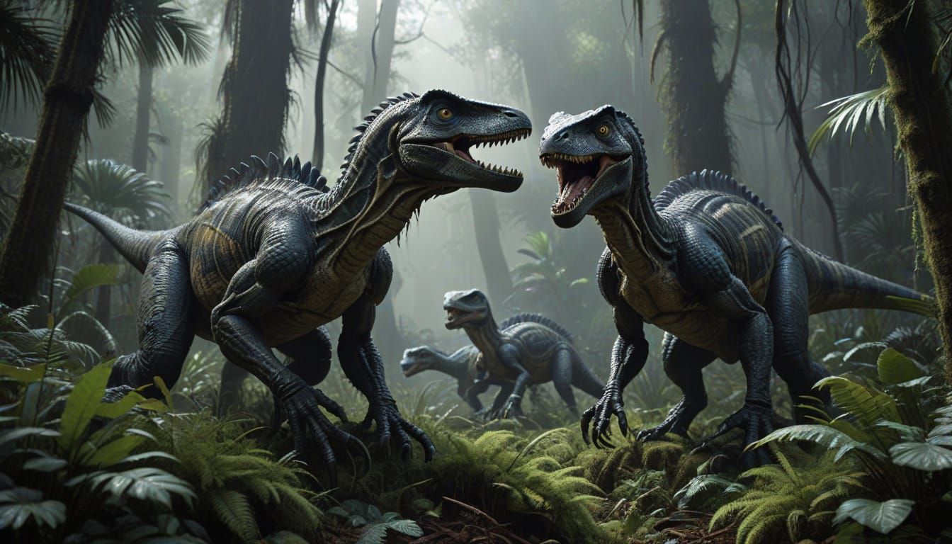 Velociraptors Stalk Prey in Prehistoric Forest