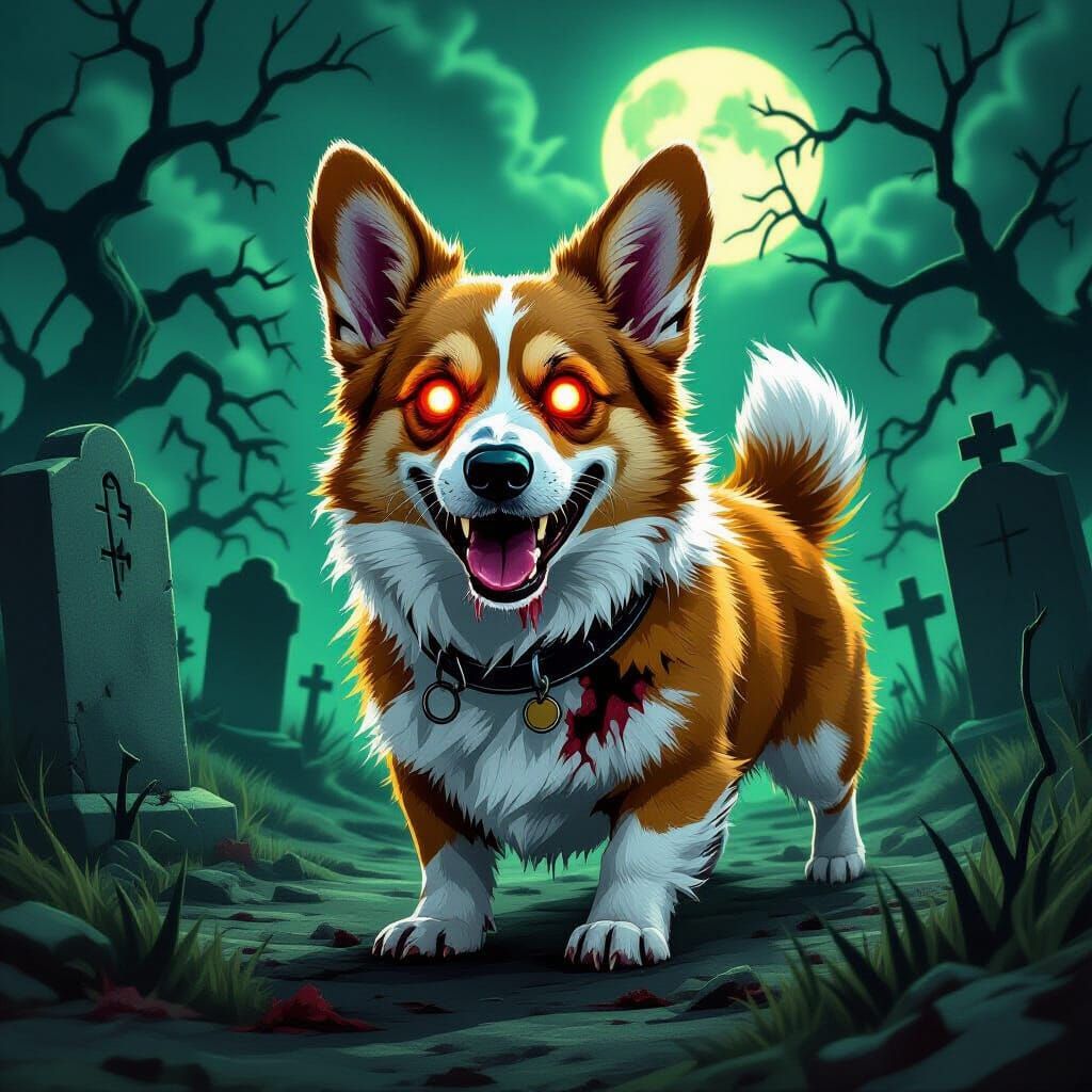 Zombified Corgi in Gothic Horror Graveyard