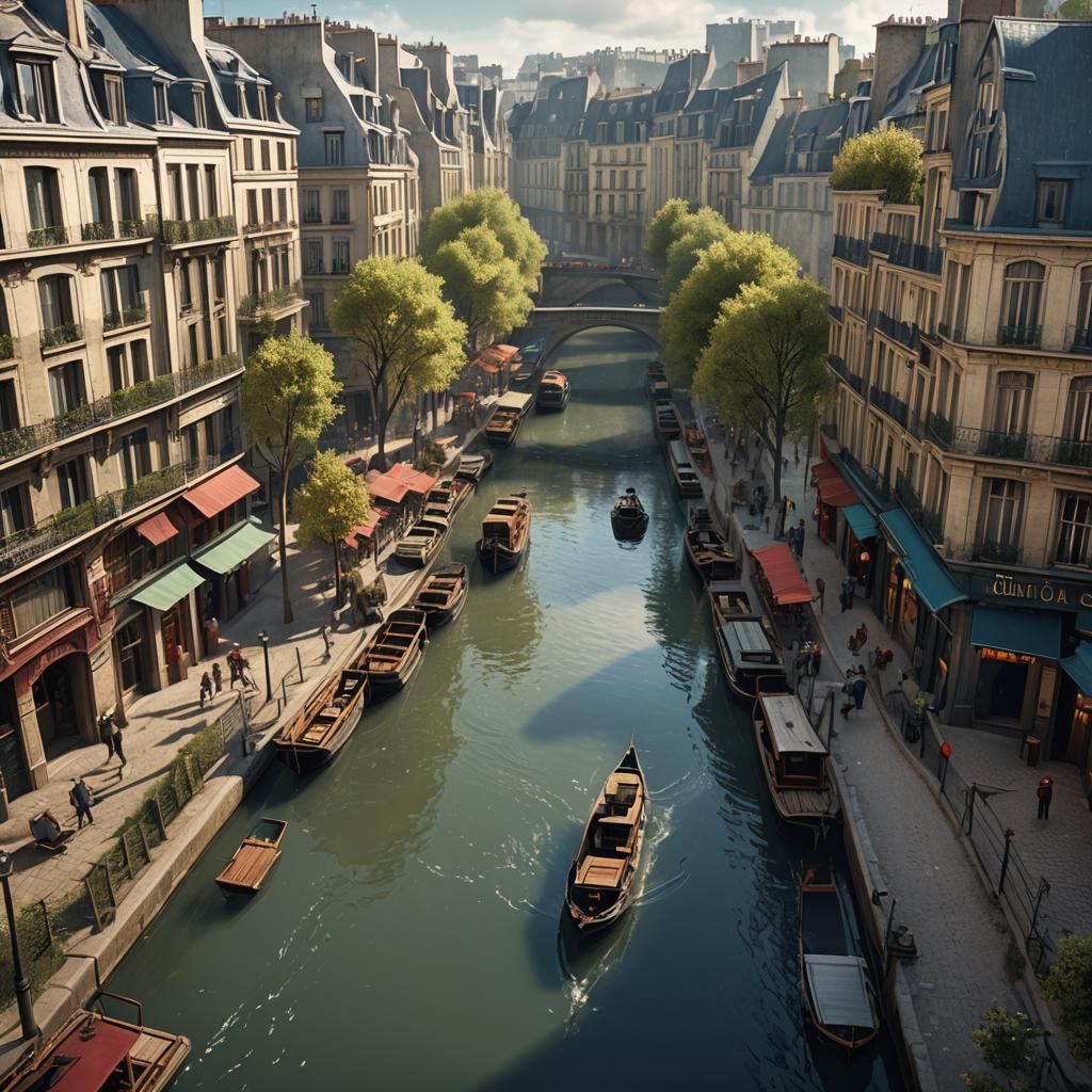 Historical Canal Saint-Martin: Detailed Matte Painting