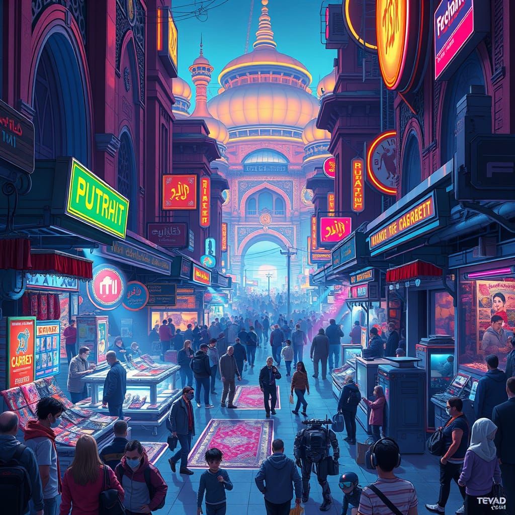 Futuristic Tehran Marketplace in Cyberpunk Style