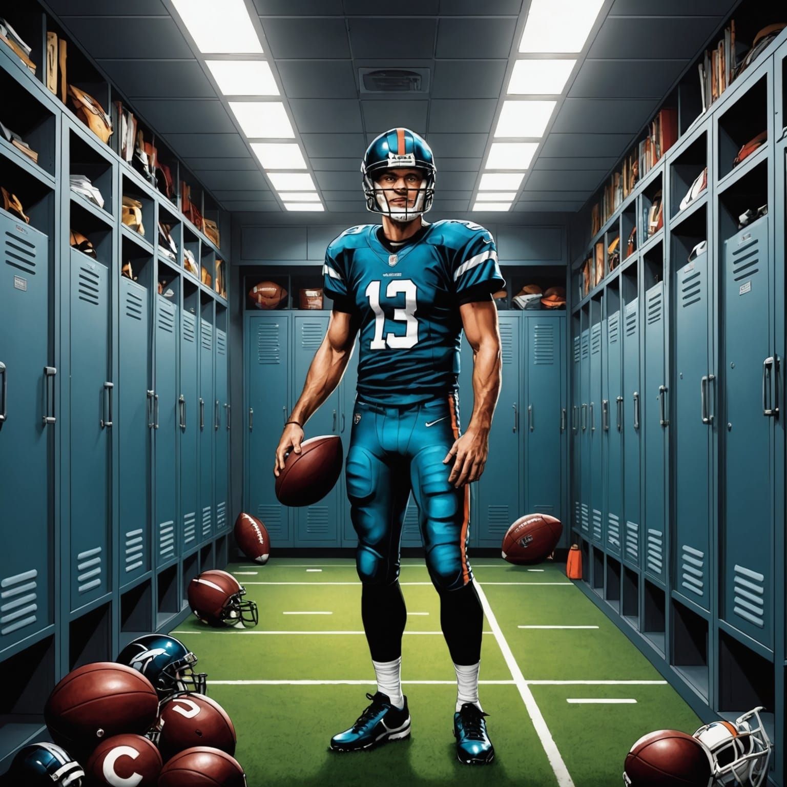 Quarterback in Locker Room, Comic Book Art