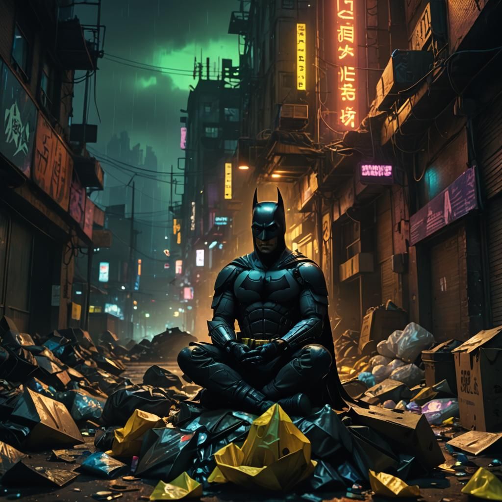 Batman Meditates in Cyberpunk Dystopian City
