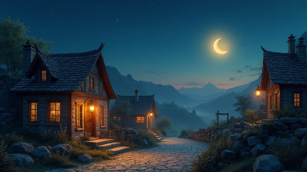 Moonlit Village Amidst a Starry Night