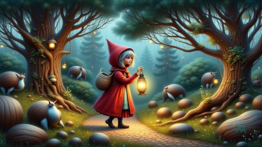 Red Riding Hood's Glowing Lantern in Enchanted Forest