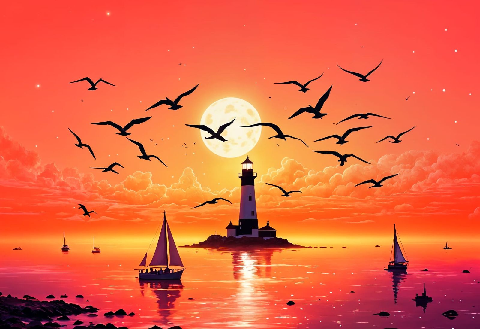 Magical Neon Sunset Over Ocean with Lighthouse