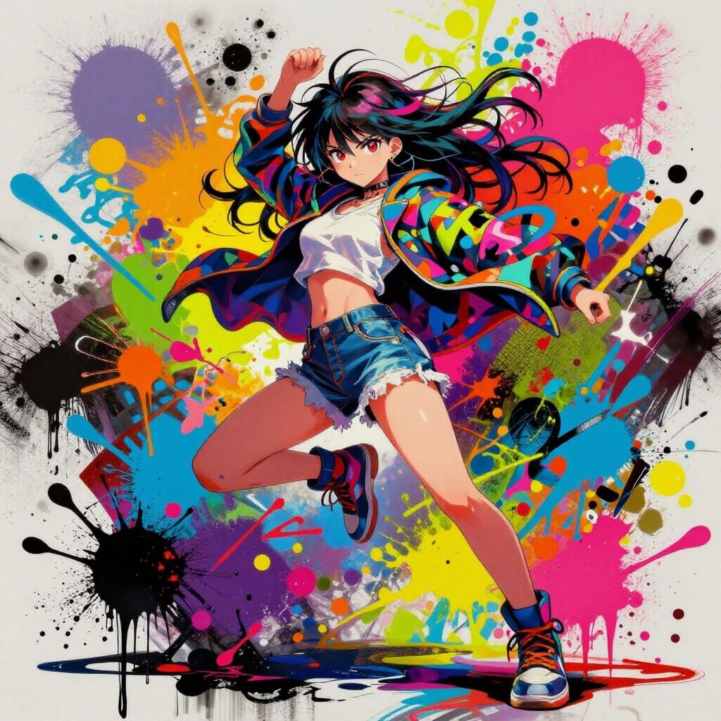 Anime Girl Amidst Vibrant Graffiti Art