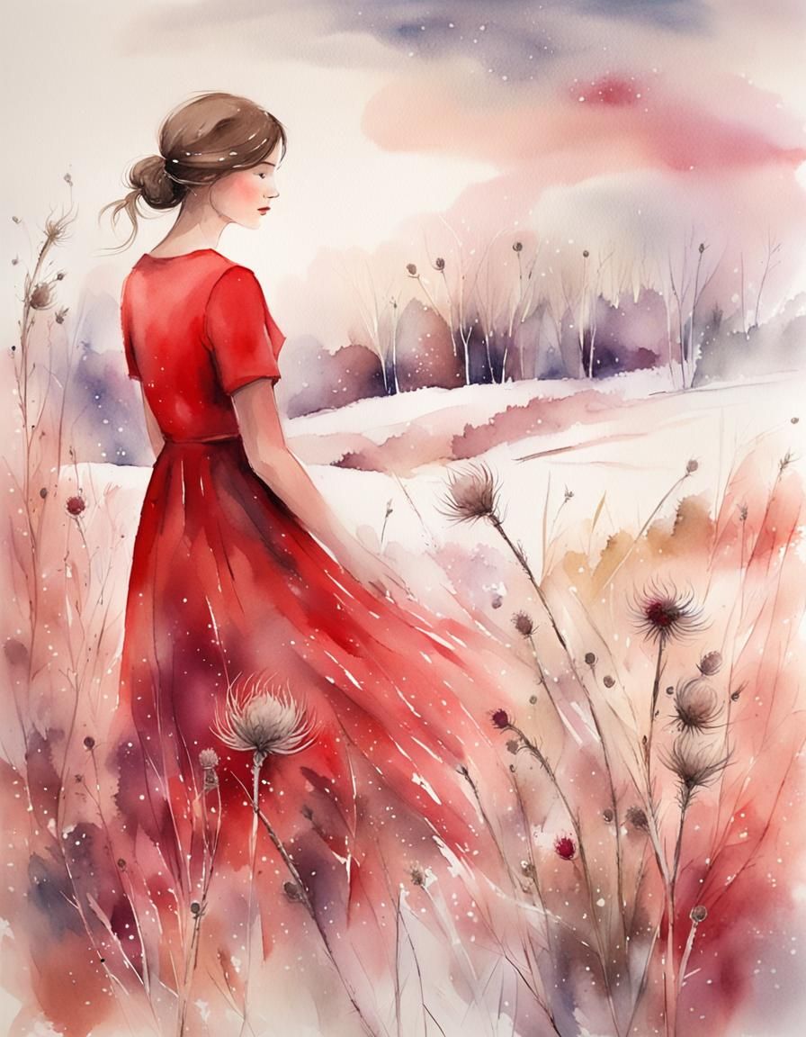 Woman in Red: Whimsical Watercolour Painting