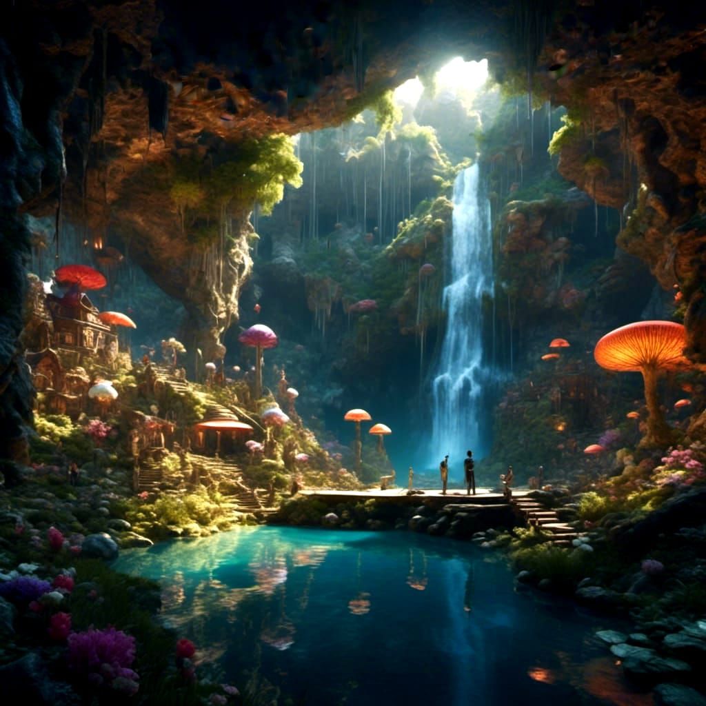 A waterfall in a magical cave