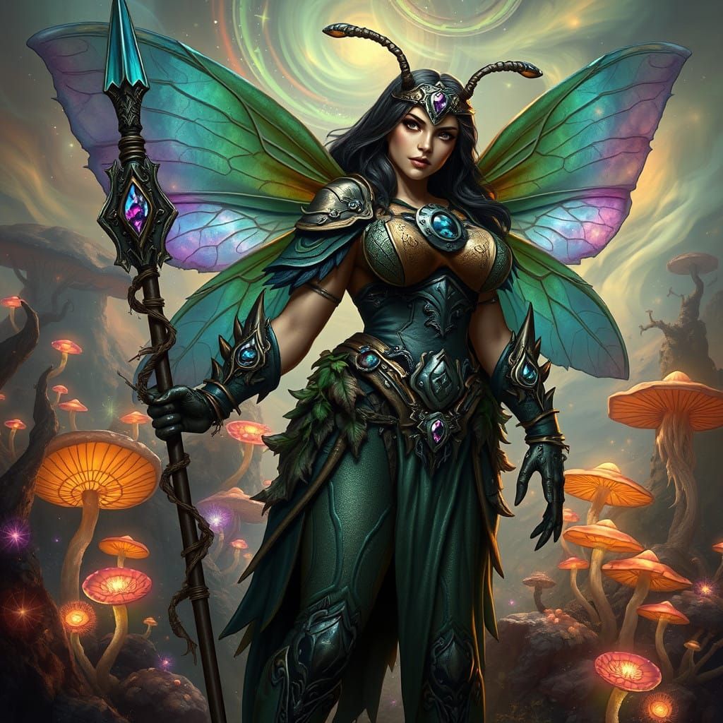 Earth Goddess Warrior with Iridescent Wings and Earthy Armor
