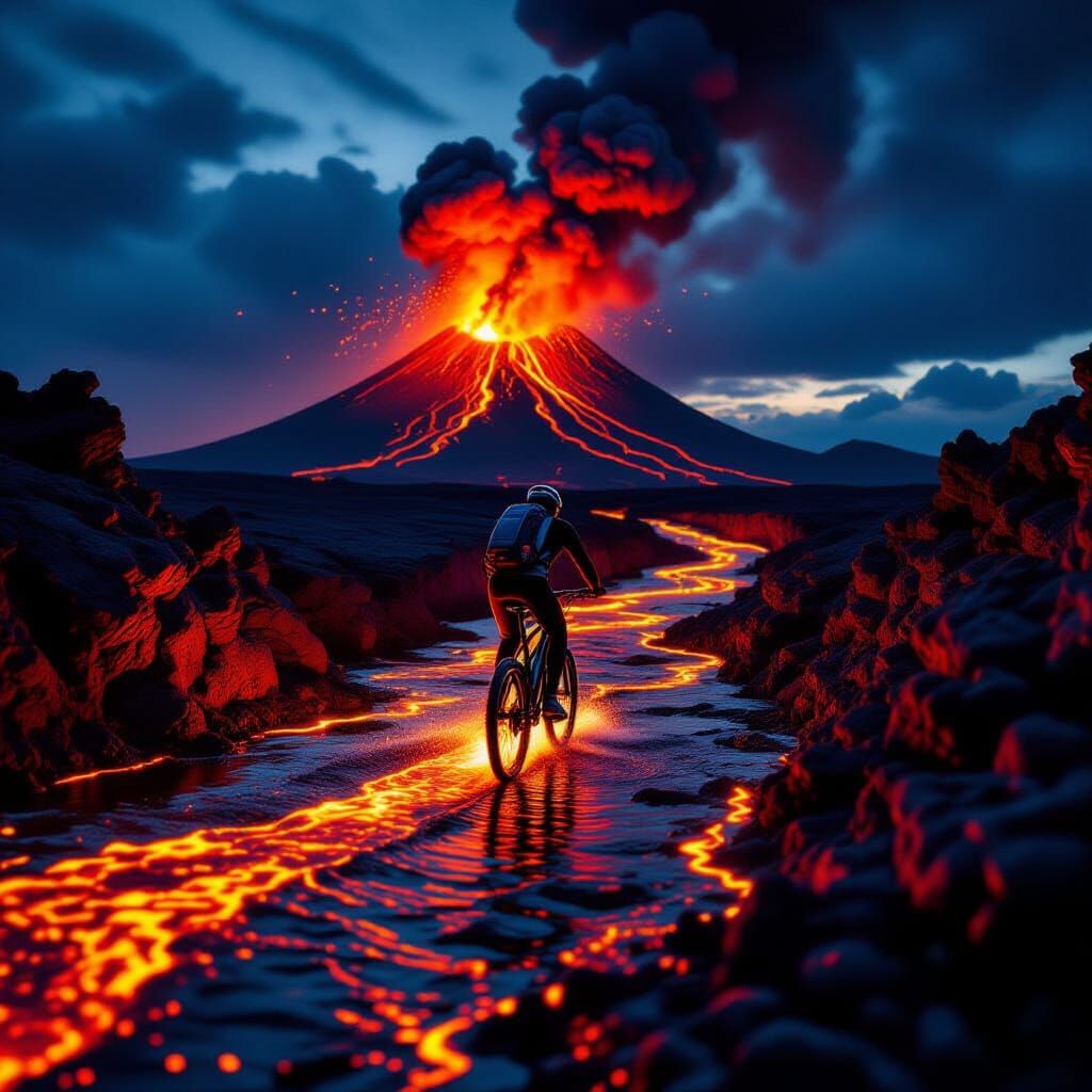 Bicyclist Jumps Over Lava River Near Erupting Volcano